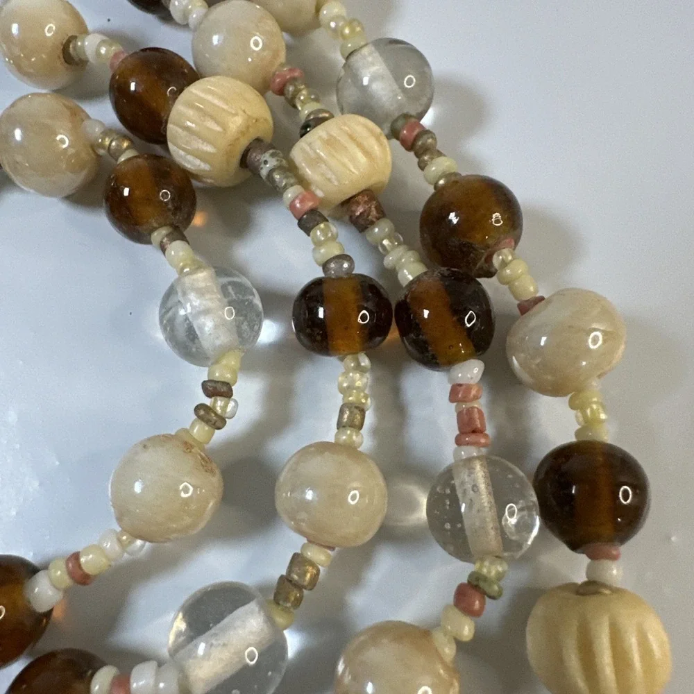 Vintage Boho Statement Necklace 42 Inch Over Head Carved Wood Bead Artisan